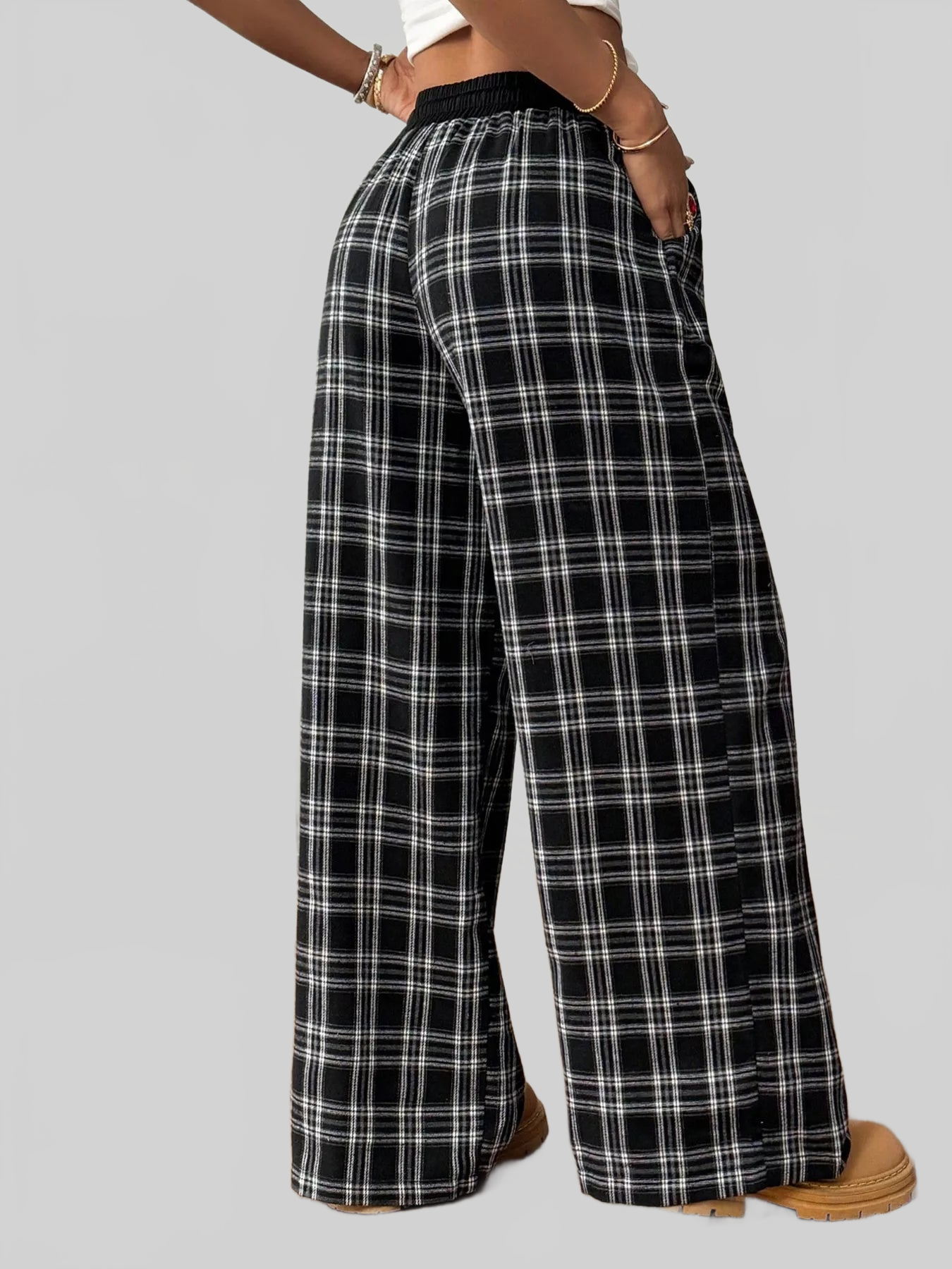 Women Plaid Wide-Leg Pants with Elastic Waistband nicholesgifts