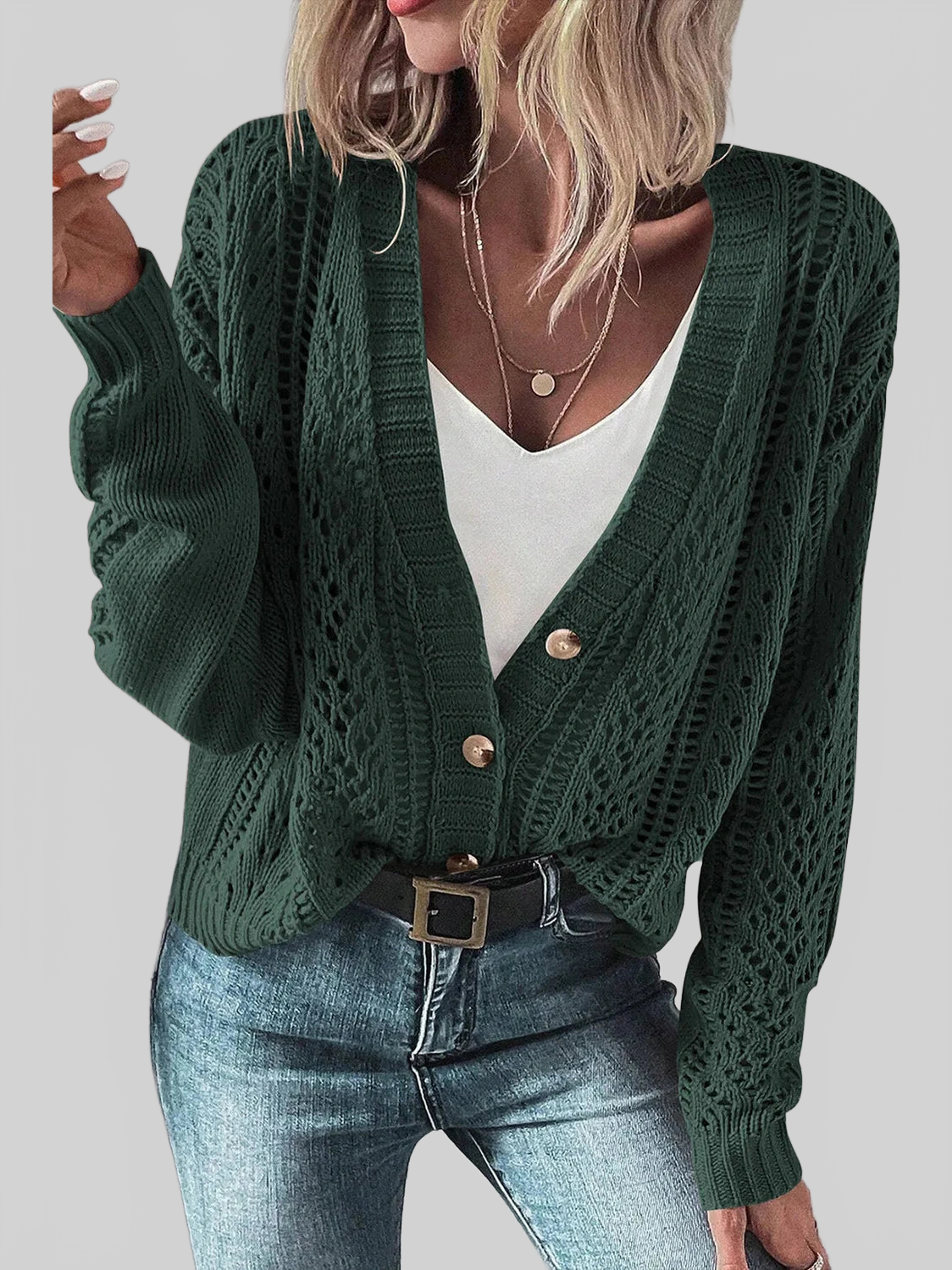 Openwork Button Up Long Sleeve Cardigan nicholesgifts