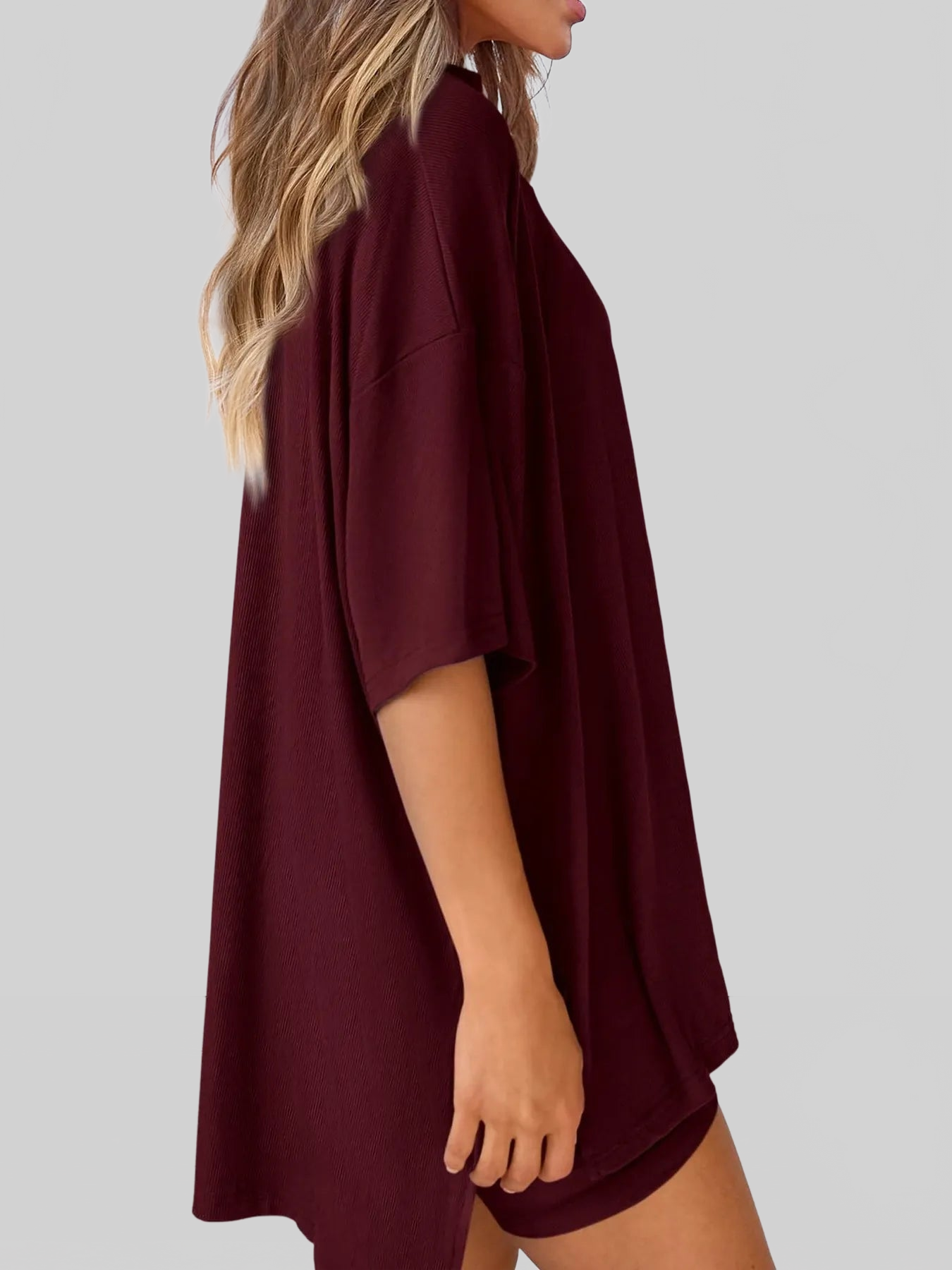 Full Size Oversized Slit Round Neck Top and Shorts Lounge Set Plus Size nicholesgifts
