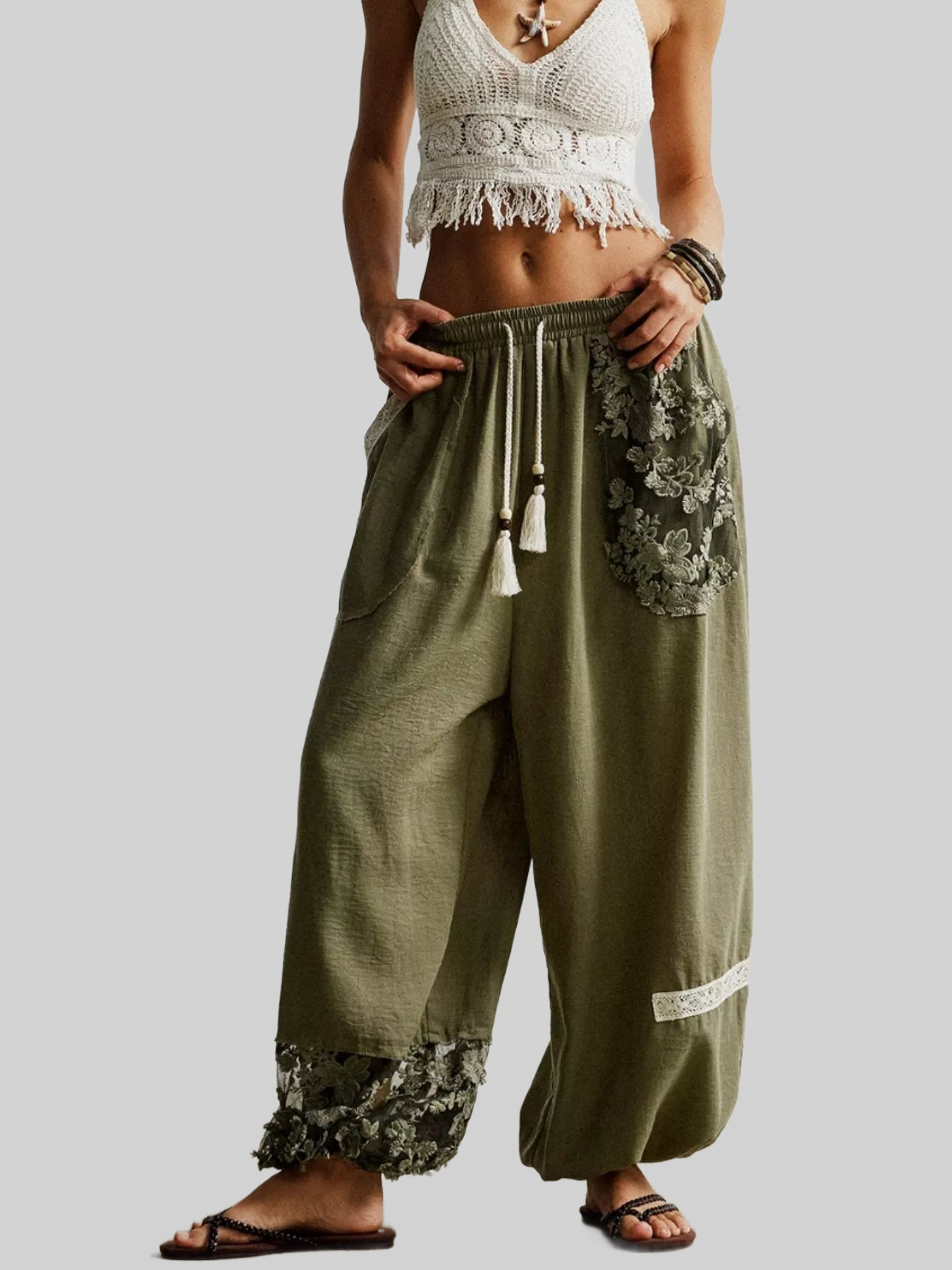 Women Lace Detail Drawstring Harem Pants nicholesgifts