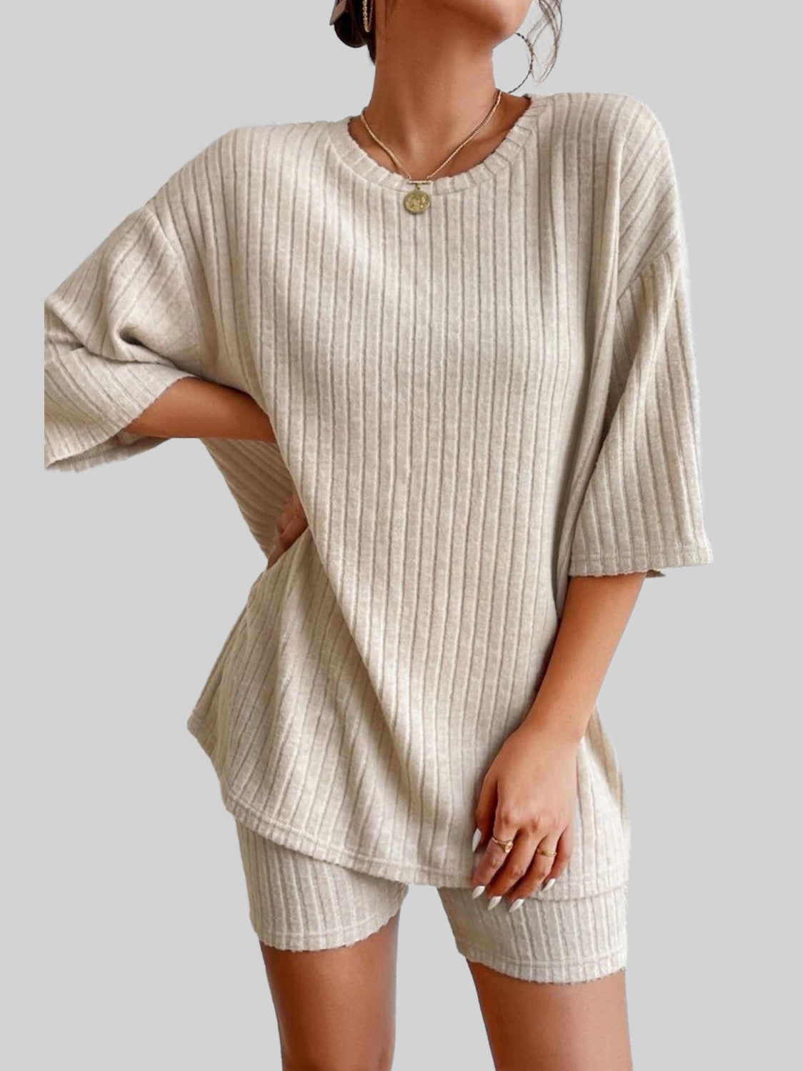 Round Neck Ribbed Top and Shorts Lounge Set nicholesgifts