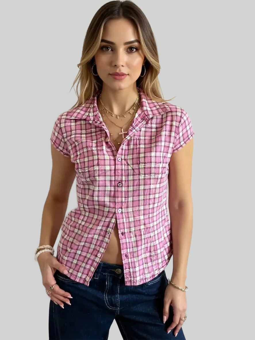 Plaid Cap Sleeve Button-Up Shirt Trendsi
