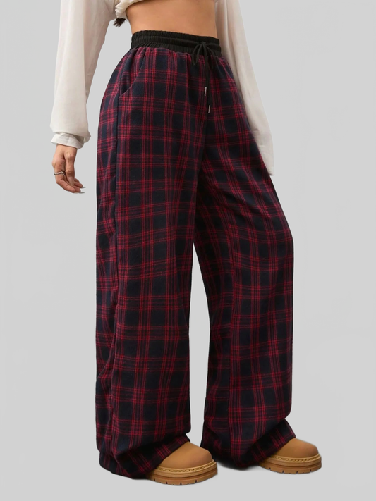 Women Plaid Wide Leg Pants with Drawstring Waist nicholesgifts