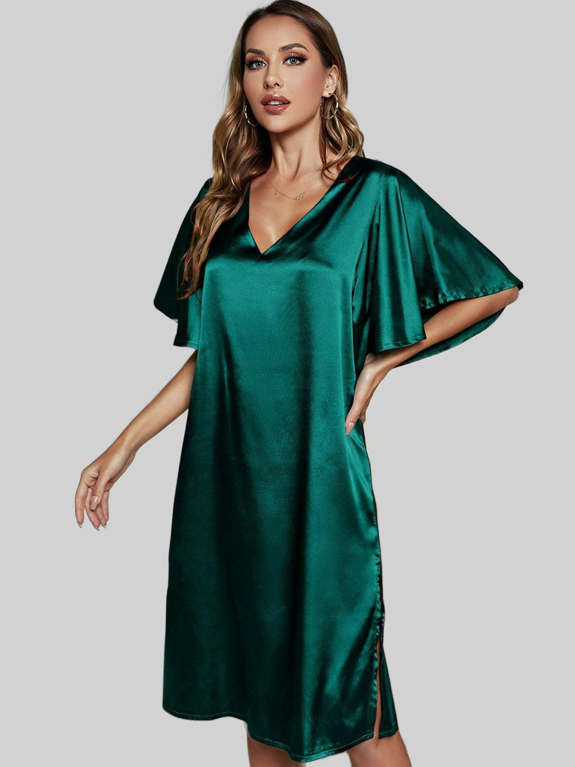 Satin Flutter Sleeve Side Slit V-Neck Night Dress nicholesgifts
