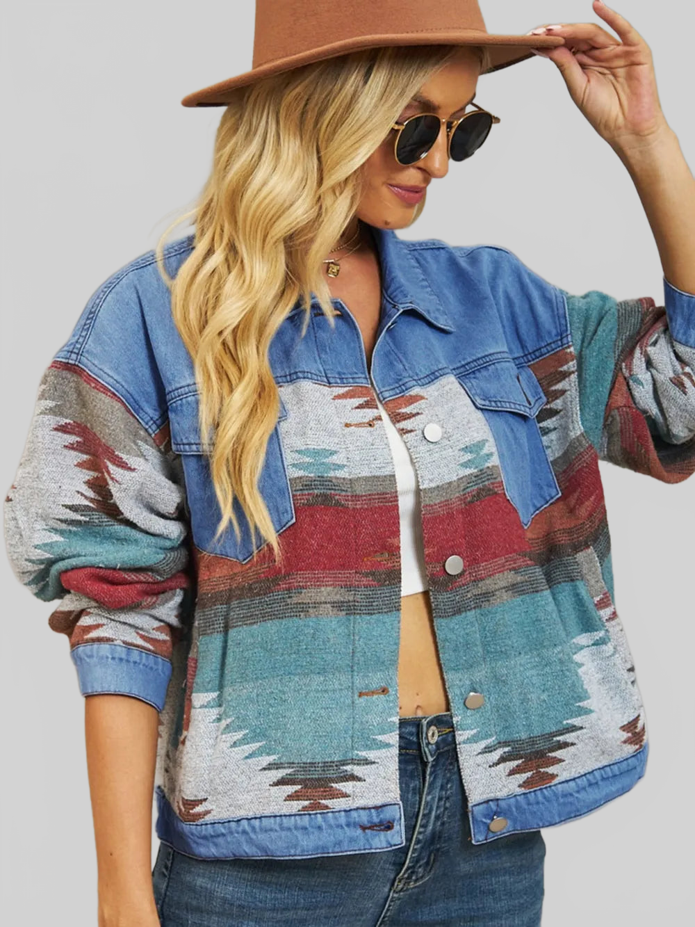 Geometric Button Up Dropped Shoulder Denim Jacket nicholesgifts