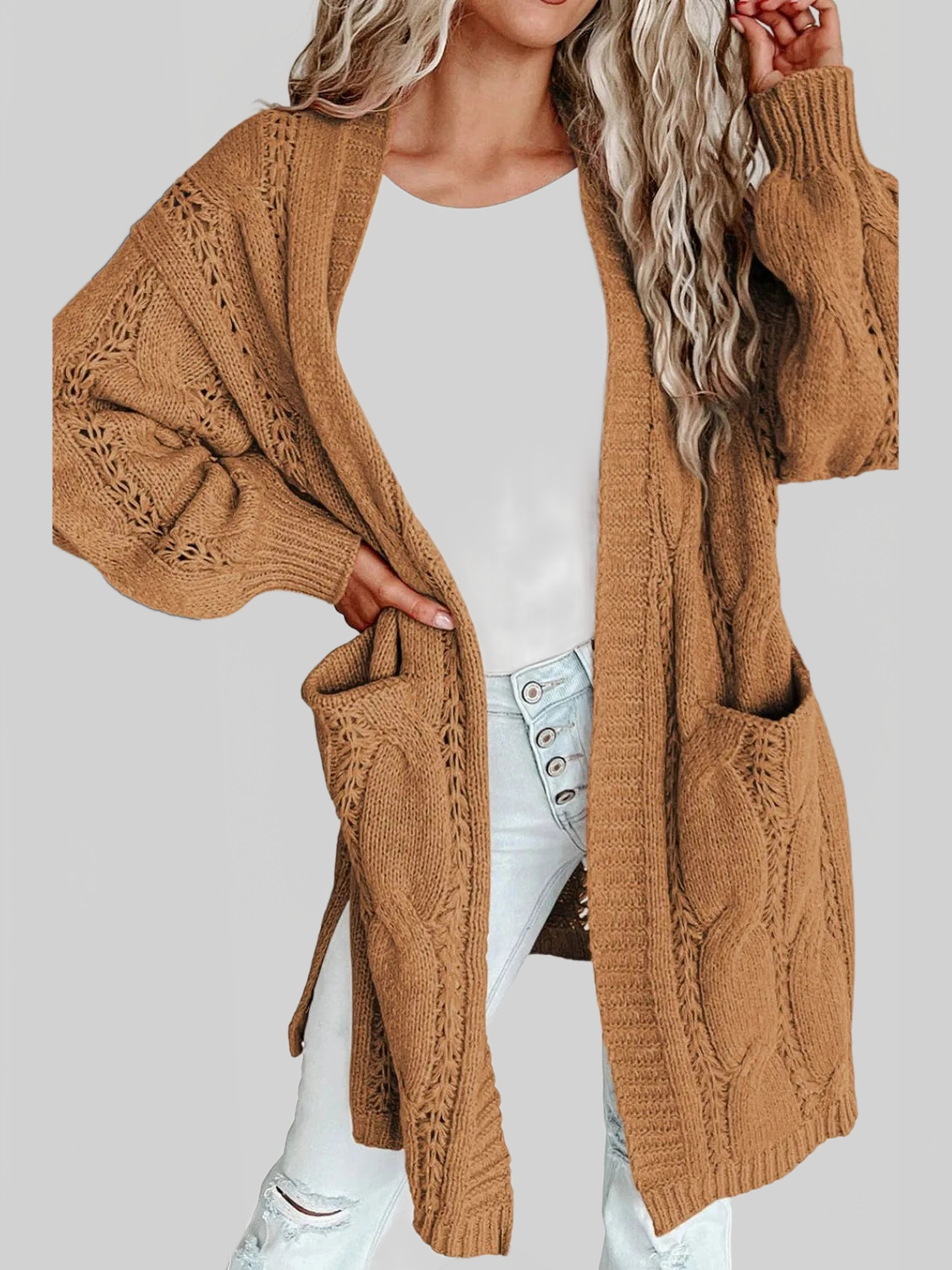 Women Cable-Knit Dropped Shoulder Slit Cardigan nicholesgifts