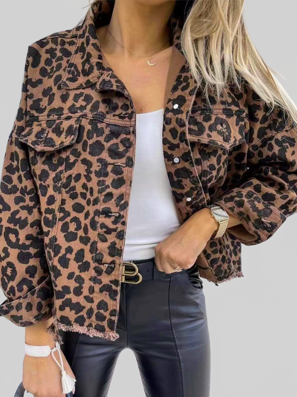 NicholesGifts Women Leopard Raw Hem Denim Jacket NicholesGifts