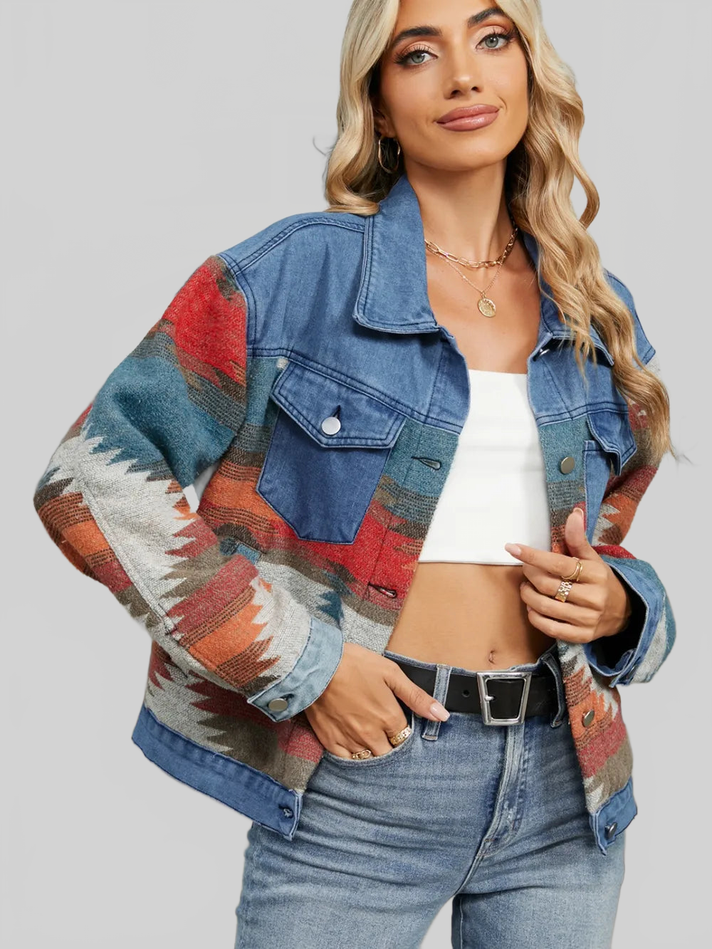 Geometric Button Up Long Sleeve Denim Jacket nicholesgifts