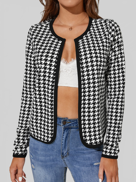 Women Houndstooth Open Front Long Sleeve Black Jacket NicholesGifts