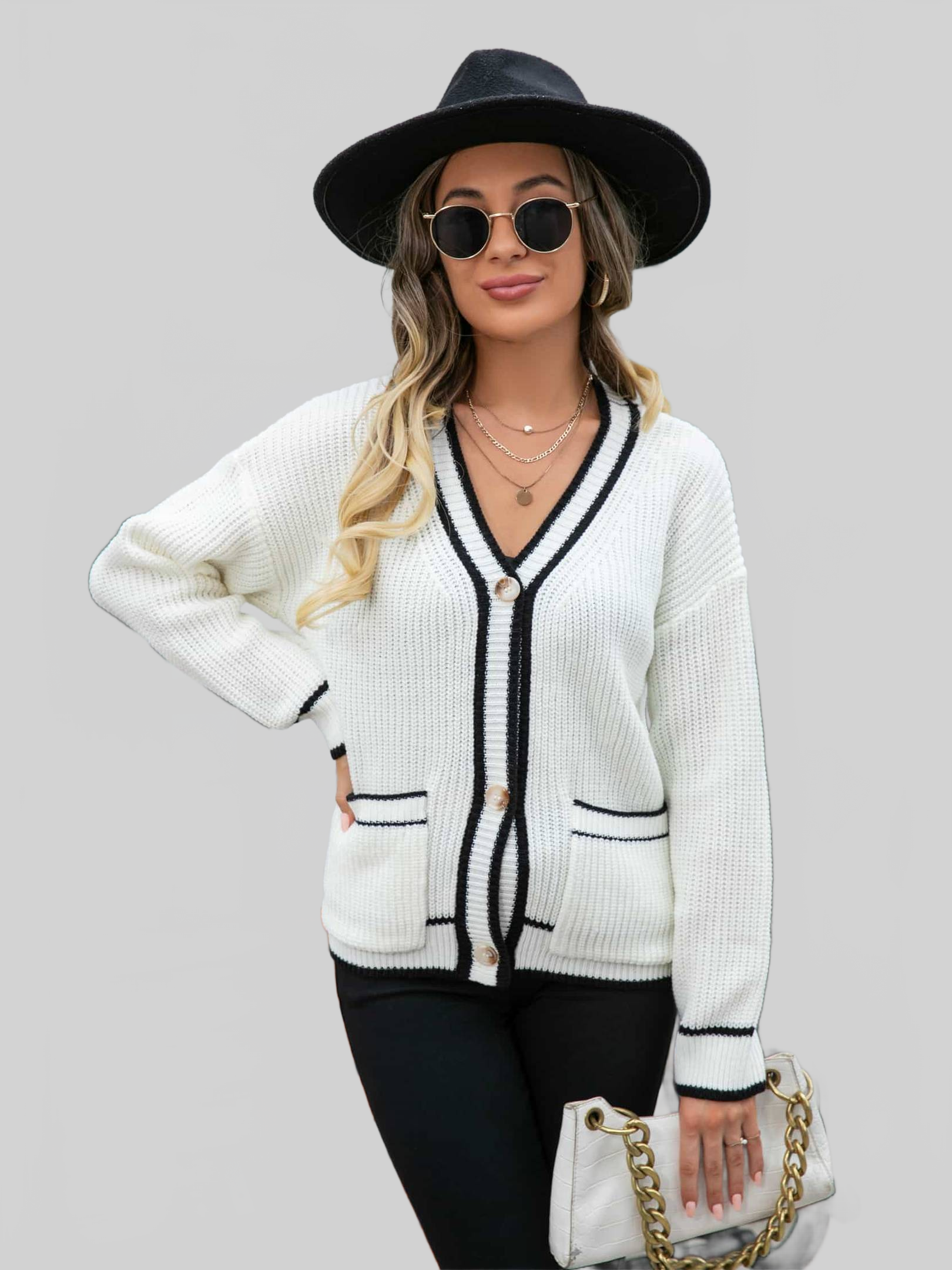Angel Wings Waffle Knit V-Neck Cardigan with Pocket nicholesgifts