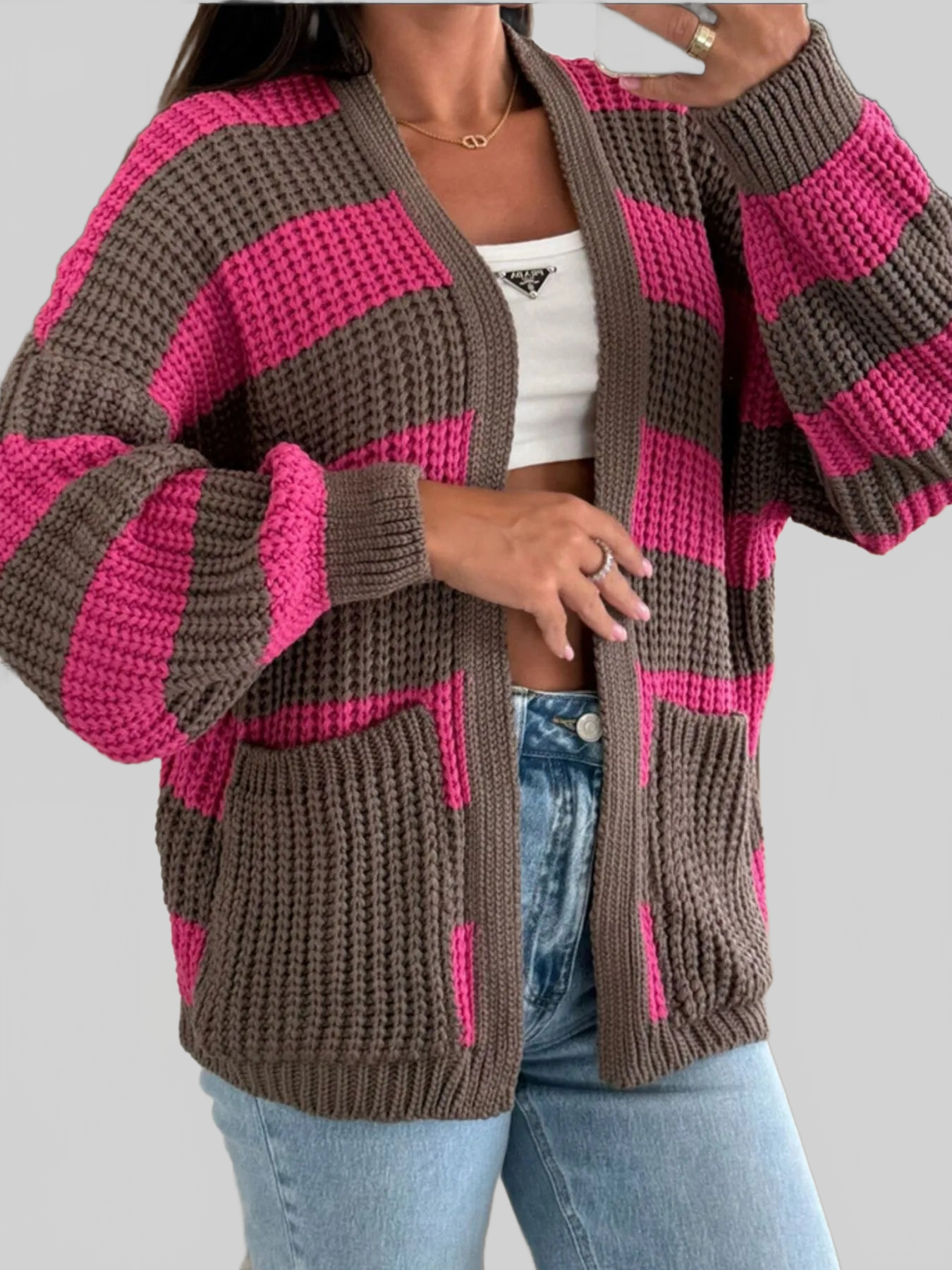 Striped Open Front Long Sleeve Cardigan nicholesgifts