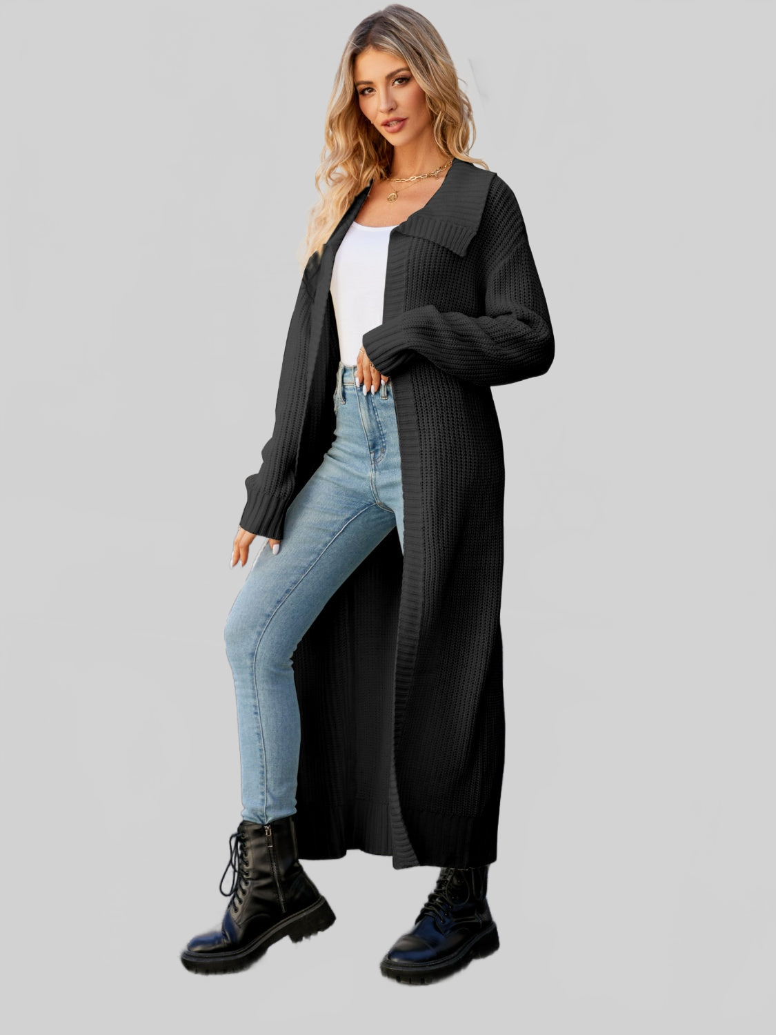 Women Full Size Collared Open Front Duster Cardigan nicholesgifts