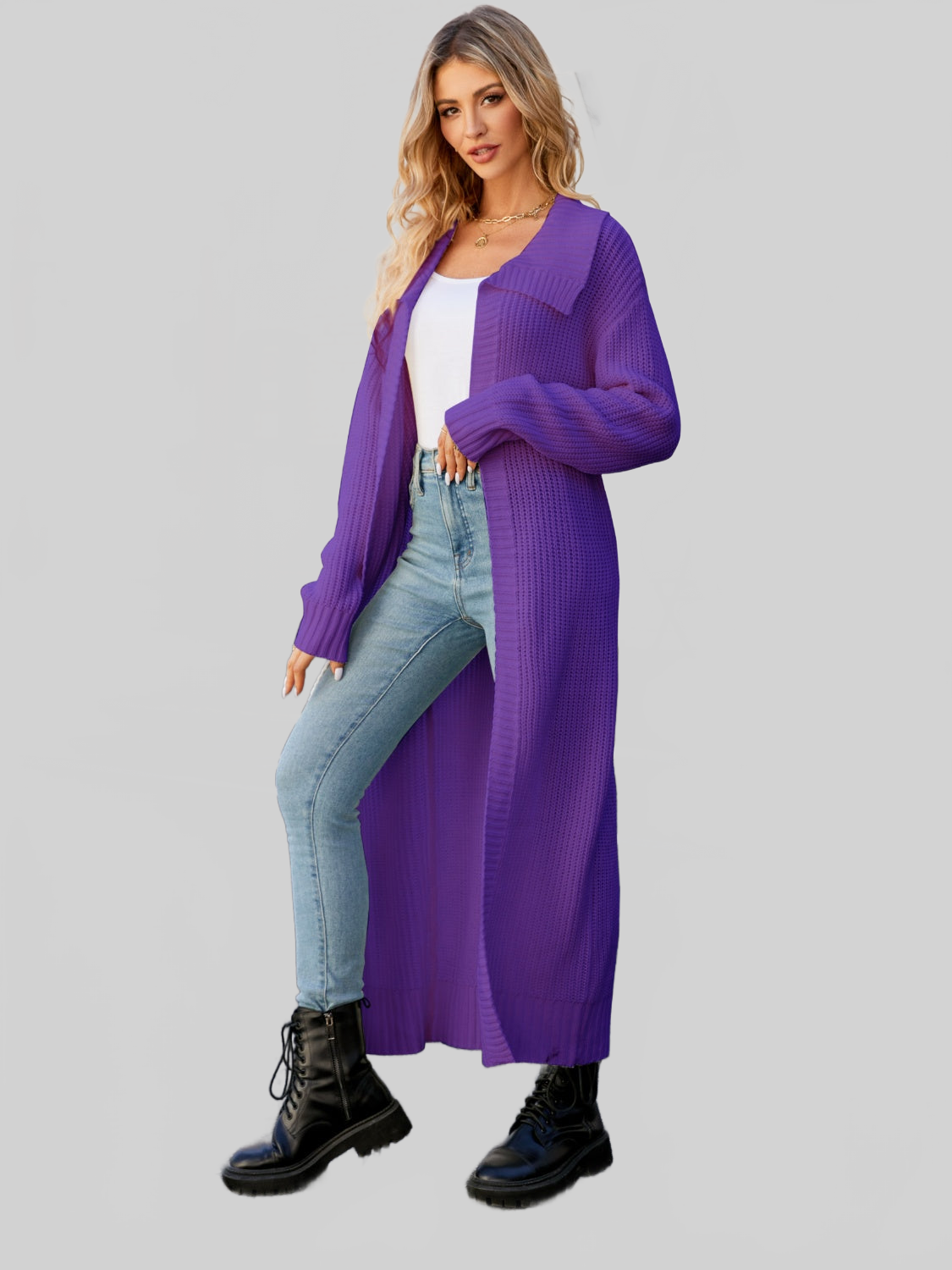 Women Full Size Collared Open Front Duster Cardigan nicholesgifts
