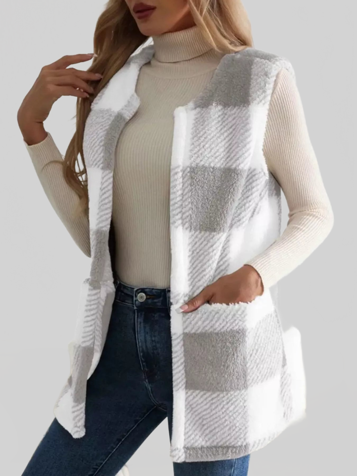 Women Cozy Plaid Sherpa Vest Coat nicholesgifts