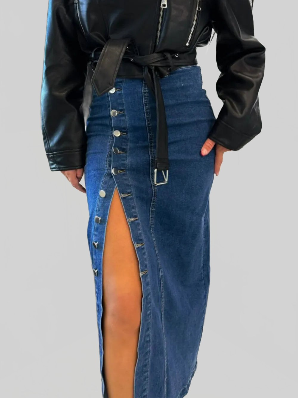 Front Button Slit Midi Denim Skirt nicholesgifts
