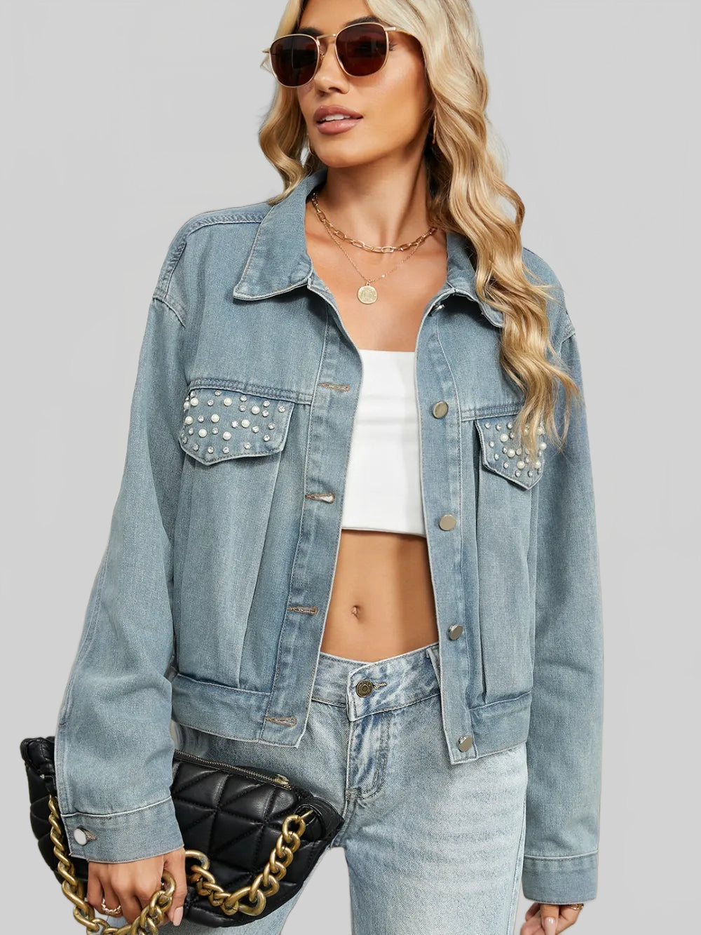Rhinestone & Peal Trim Button Down Long Sleeve Denim Jacket nicholesgifts