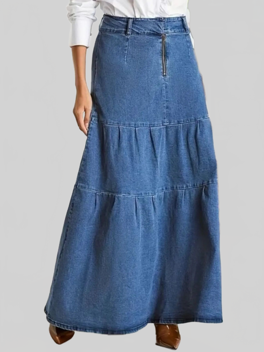 Tiered Maxi Denim Skirt with Zipper Detail nicholesgifts