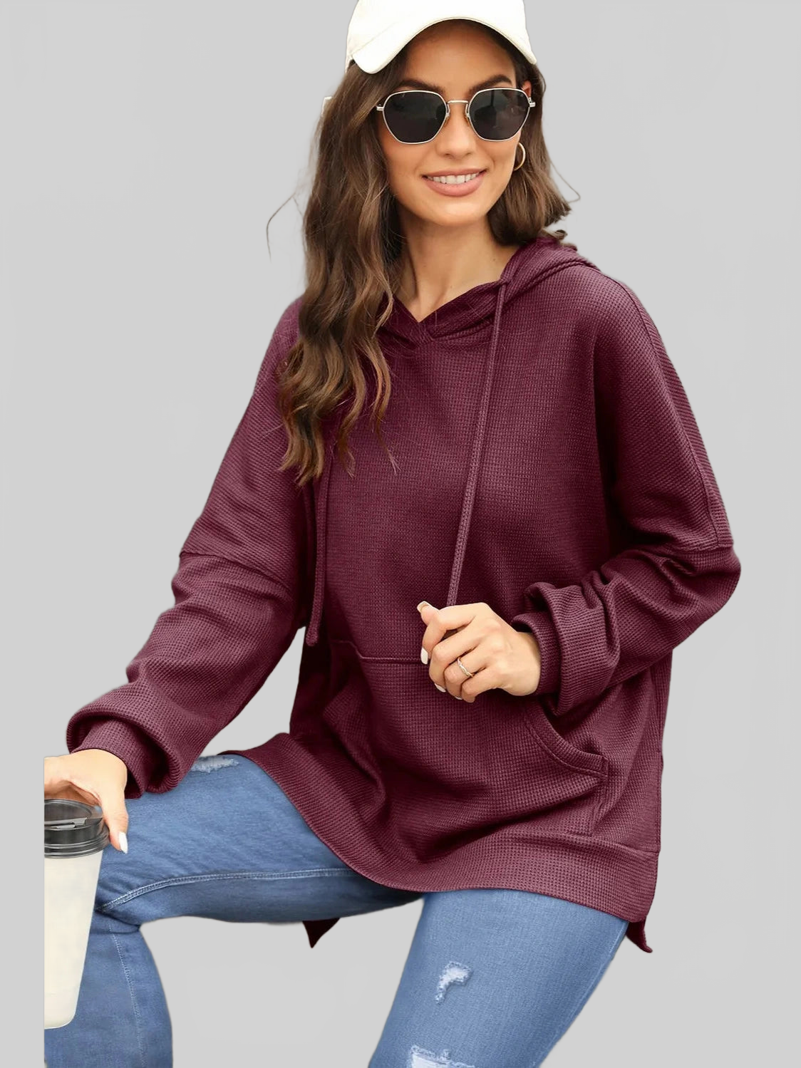 Waffle-Knit Long Sleeve Hoodie nicholesgifts