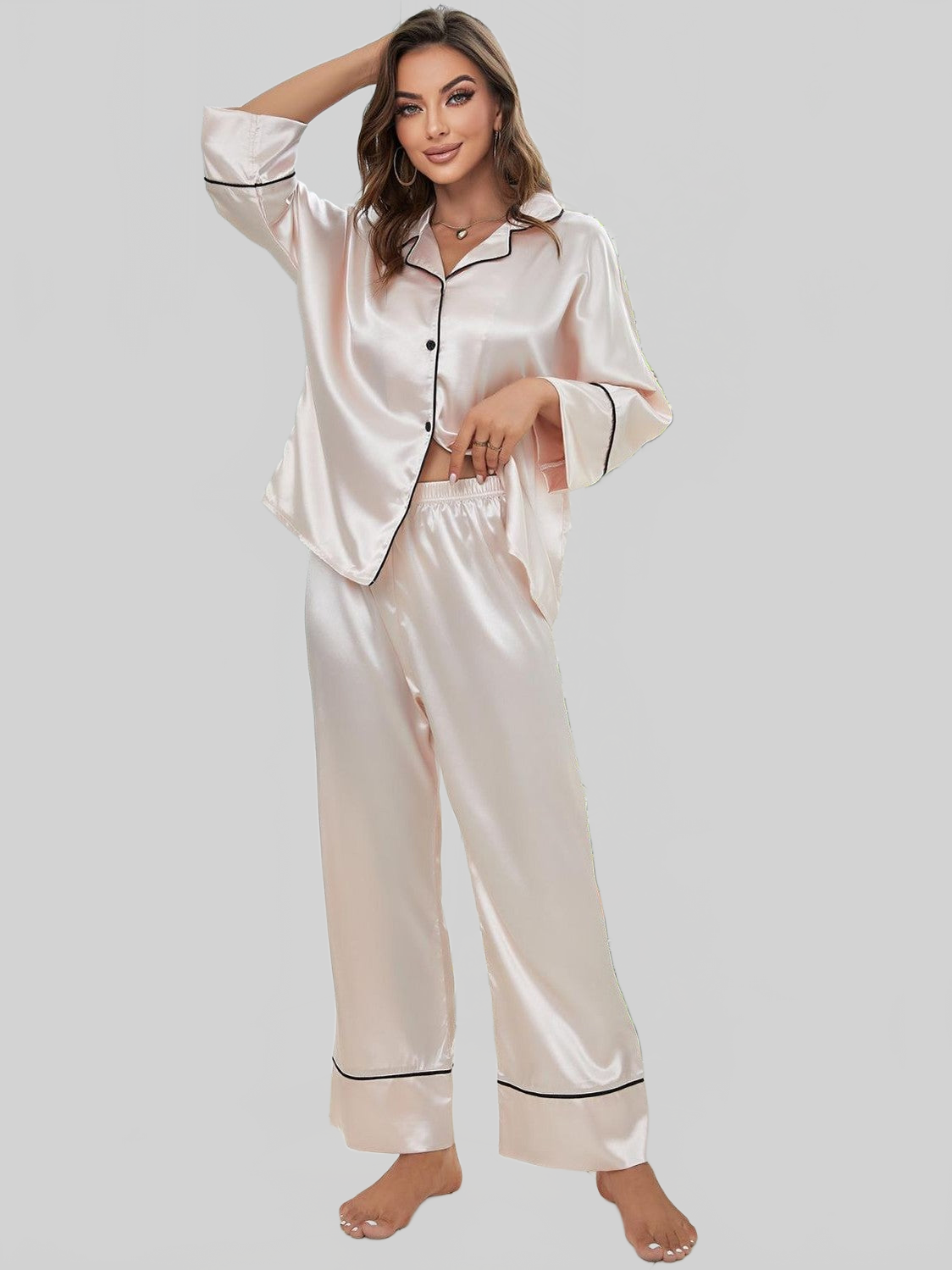 Contrast Piping Button-Up Top and Pants Pajama Set nicholesgifts