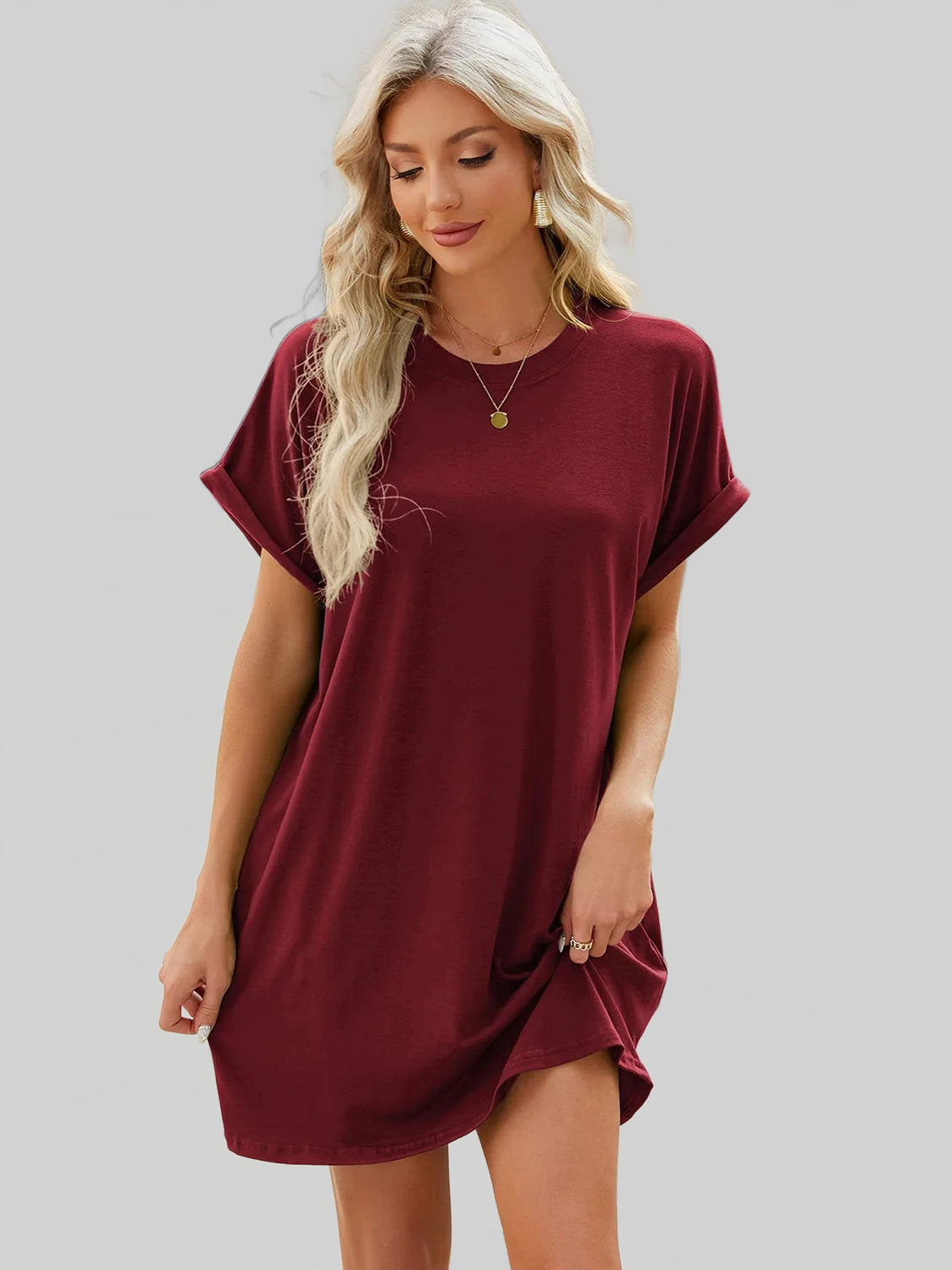 Round Neck Rolled Short Sleeve Tee Dress nicholesgifts