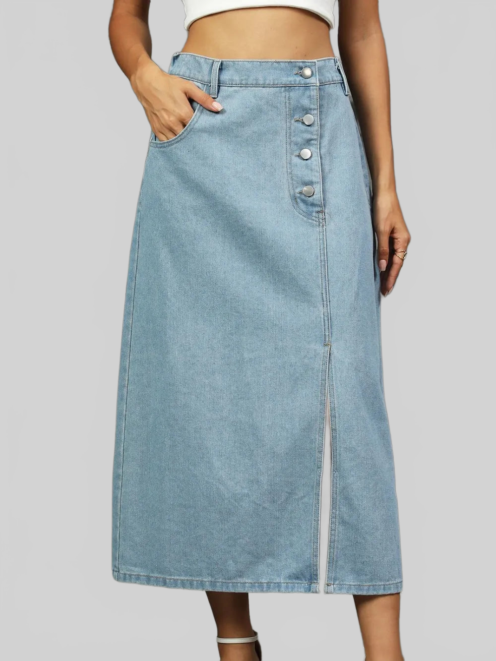 Slit Button Detail Denim Midi Skirt nicholesgifts
