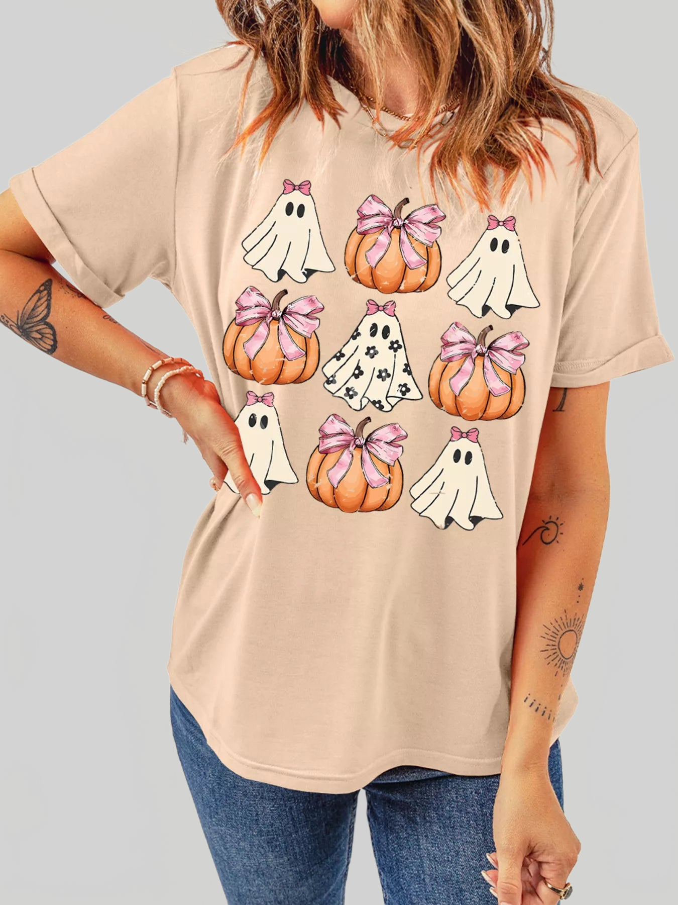Women Halloween Bowknot Ghost Pumpkin Graphic T Shirt nicholesgifts