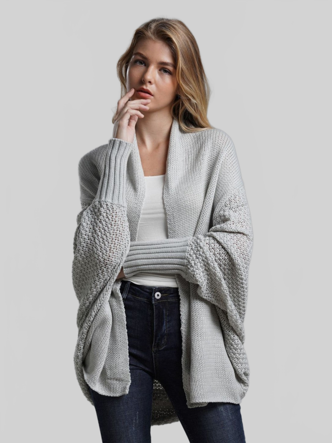 Dolman Sleeve Open Front Ribbed Trim Longline Cardigan nicholesgifts