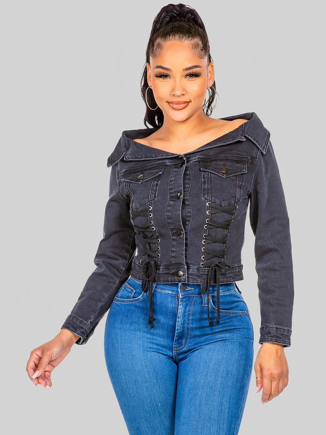 American Bazi Off Shoulder Lace Up Denim Jacket NicholesGifts