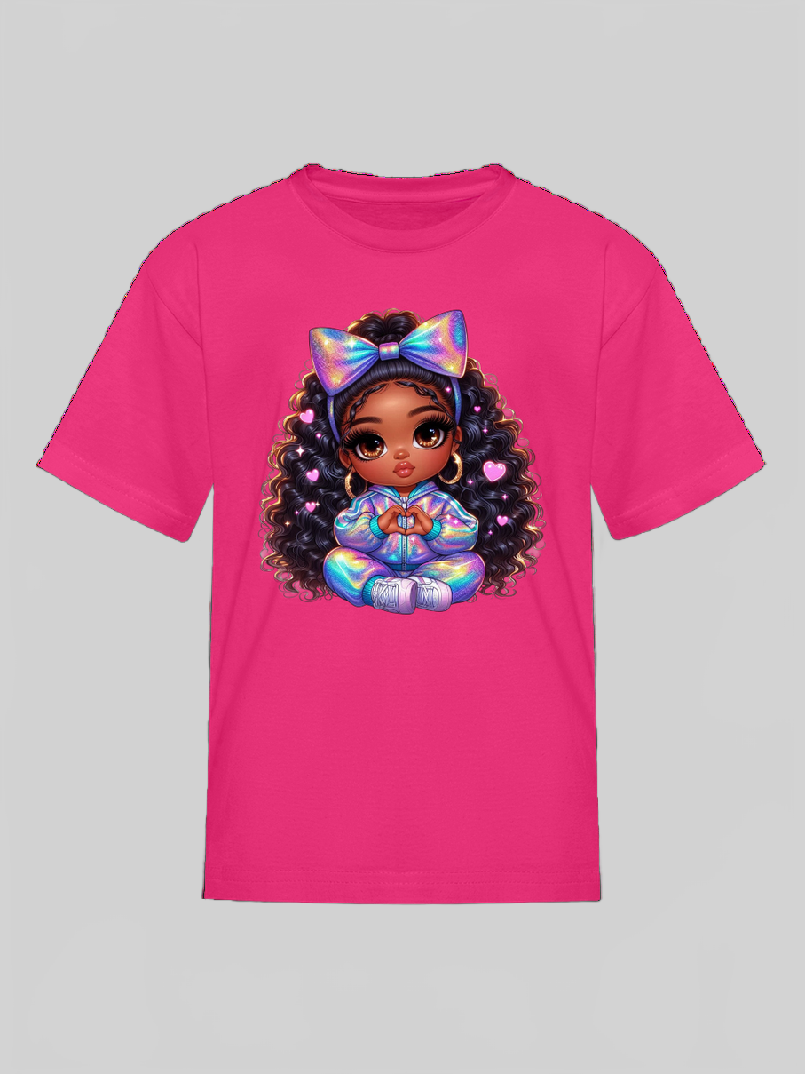 African American Girls Pretty Bow and Hearts Short Sleeve Crewneck T-Shirt nicholesgifts