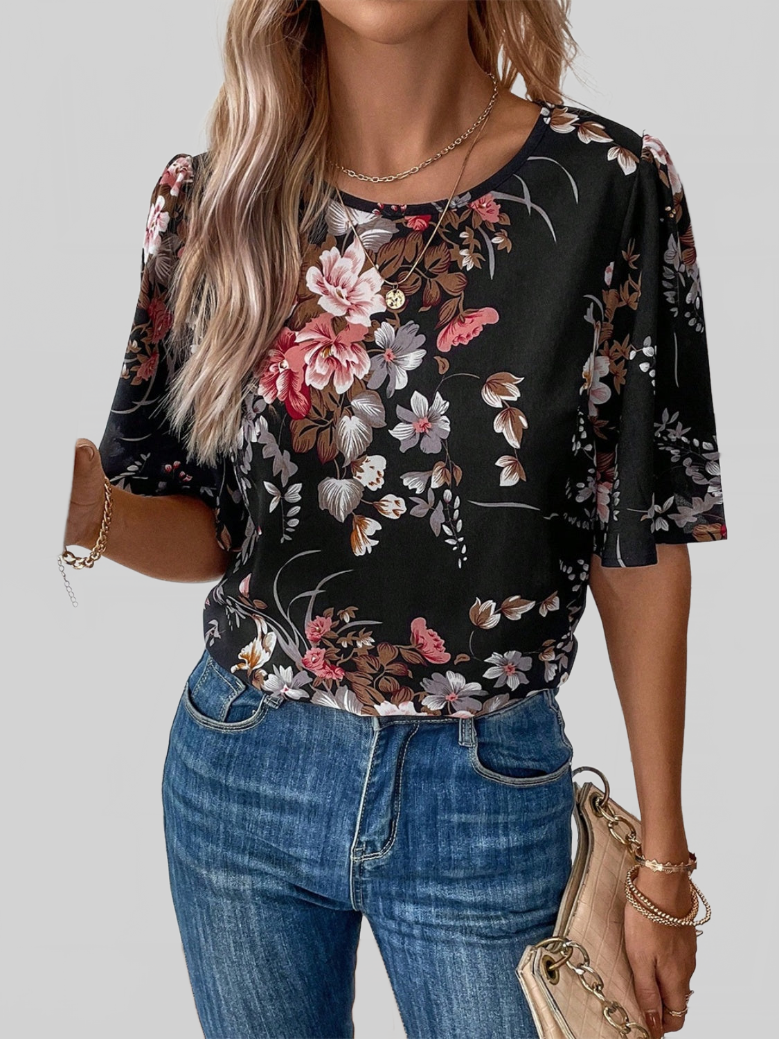 Floral Round Neck Half Sleeve Blouse nicholesgifts