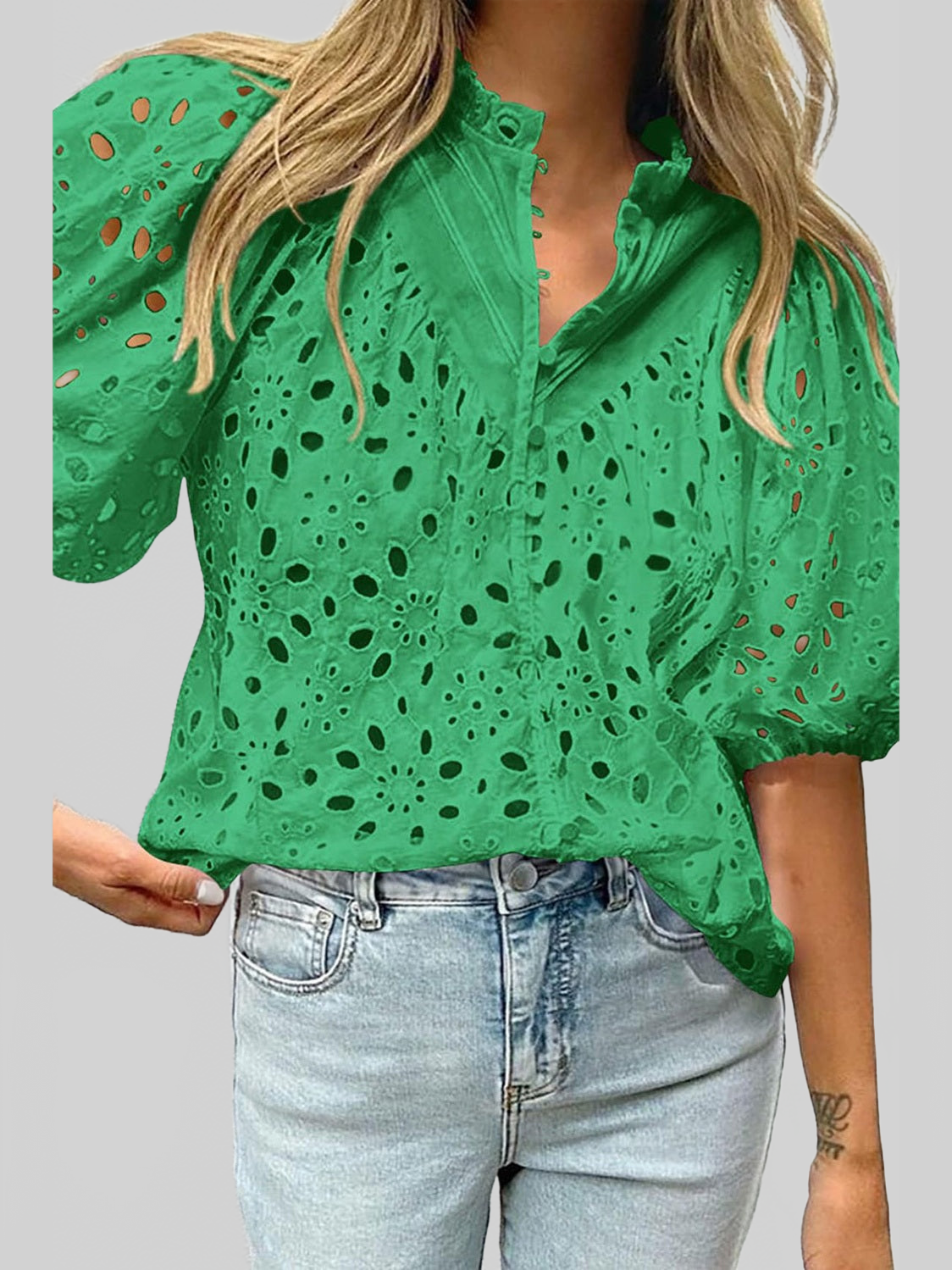 Women Eyelet Button Up Half Sleeve Blouse nicholesgifts