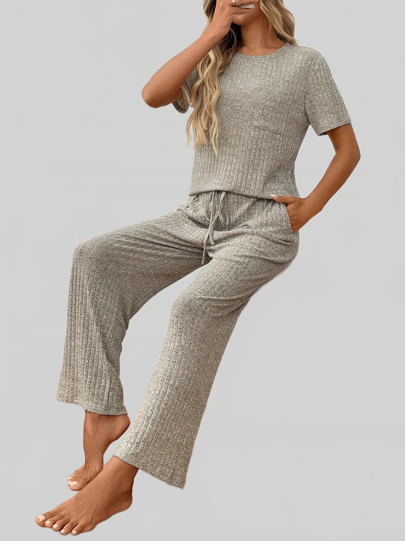 Ribbed Knit Short Sleeve Top and Pants Lounge Set nicholesgifts