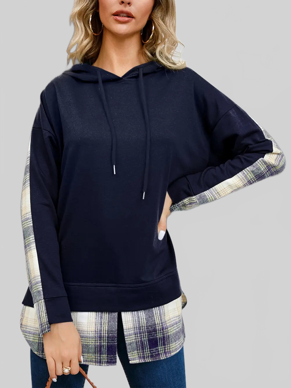 Plaid Drawstring Long Sleeve Slit Hoodie NicholesGifts