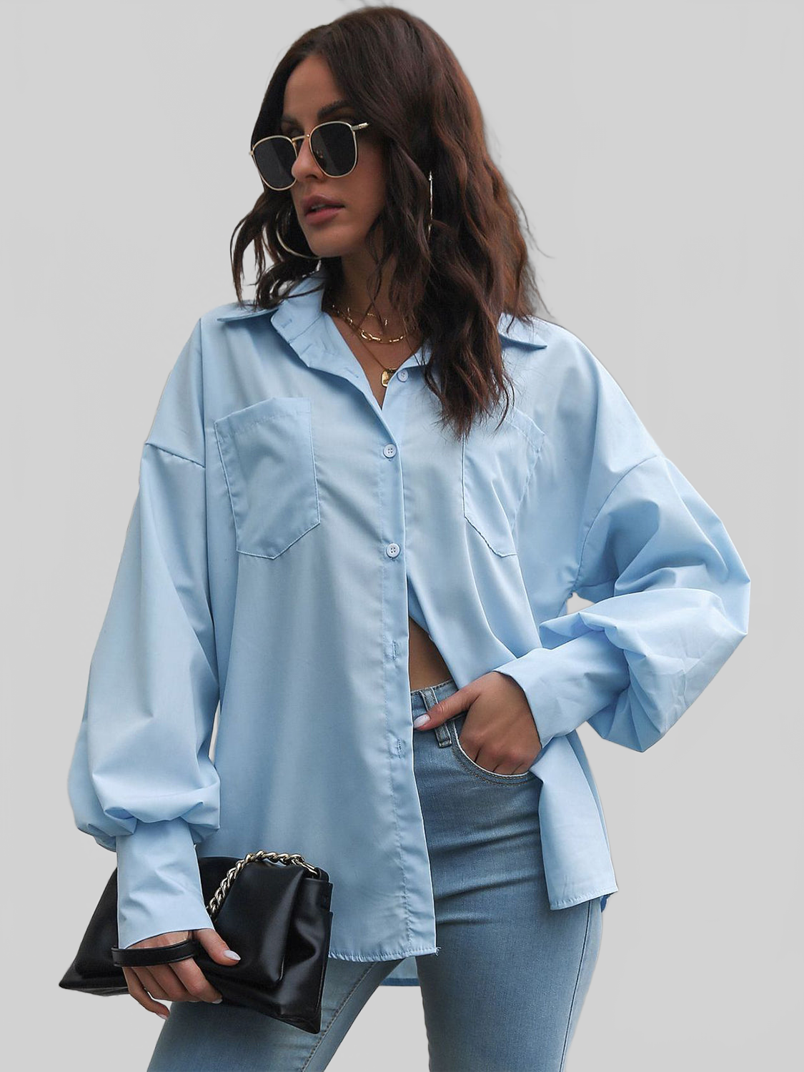 Women Button Up Dropped Shoulder Lantern Sleeve Shirt NicholesGifts