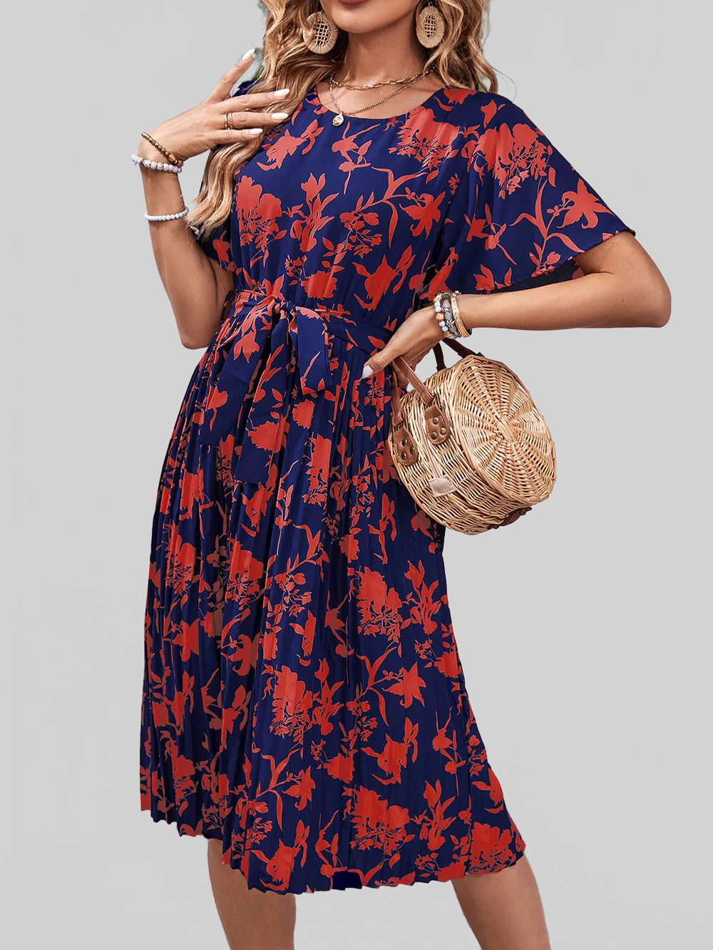 Perfee Printed Round Neck Short Sleeve Dress nicholesgifts