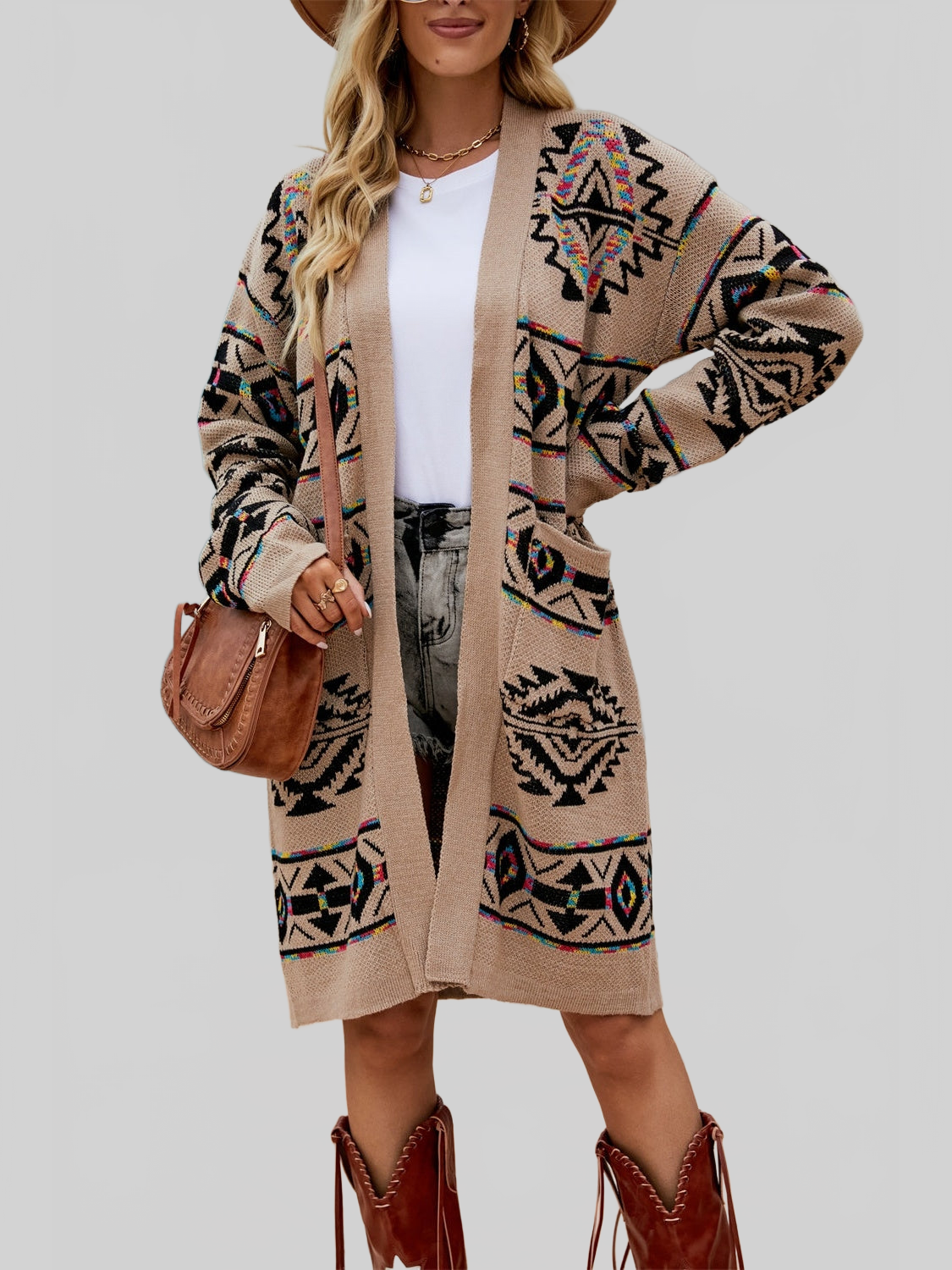Women Pocketed Geometric Open Front Dropped Shoulder Cardigan NicholesGifts