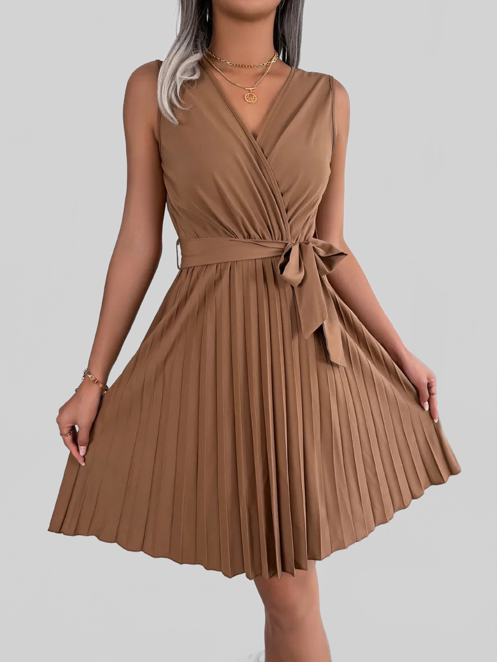 Tied Surplice Sleeveless Pleated Dress nicholesgifts