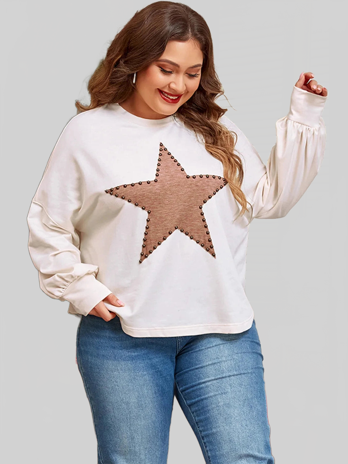 Women Plus Size Studded Star Round Neck Long Sleeve Blouse nicholesgifts