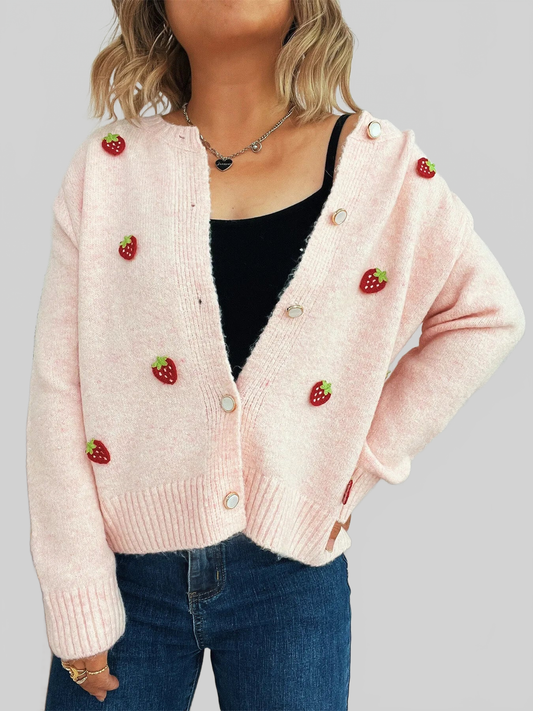 Strawberry Button Up Long Sleeve Cardigan nicholesgifts