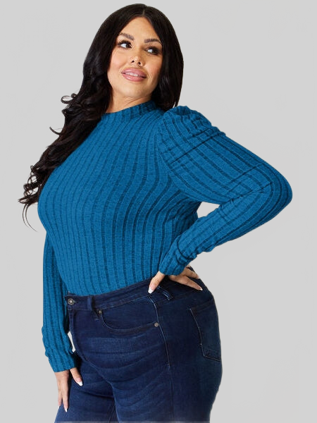 Basic Full Size Ribbed Mock Neck Puff Sleeve T-Shirt nicholesgifts
