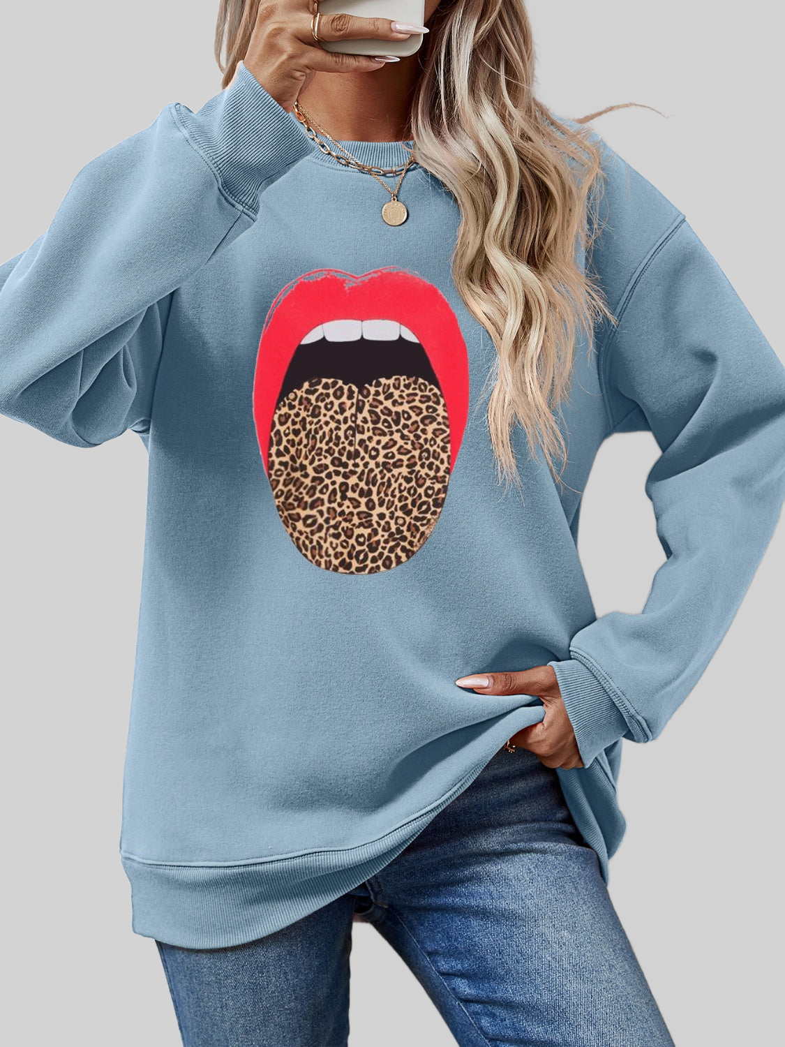 Women Leopard Lip Graphic Round Neck Sweatshirt NicholesGifts