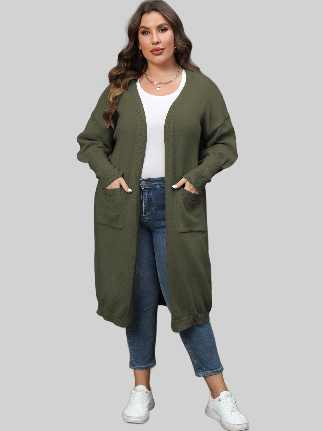 Plus Size Long Sleeve Pocketed Cardigan Trendsi