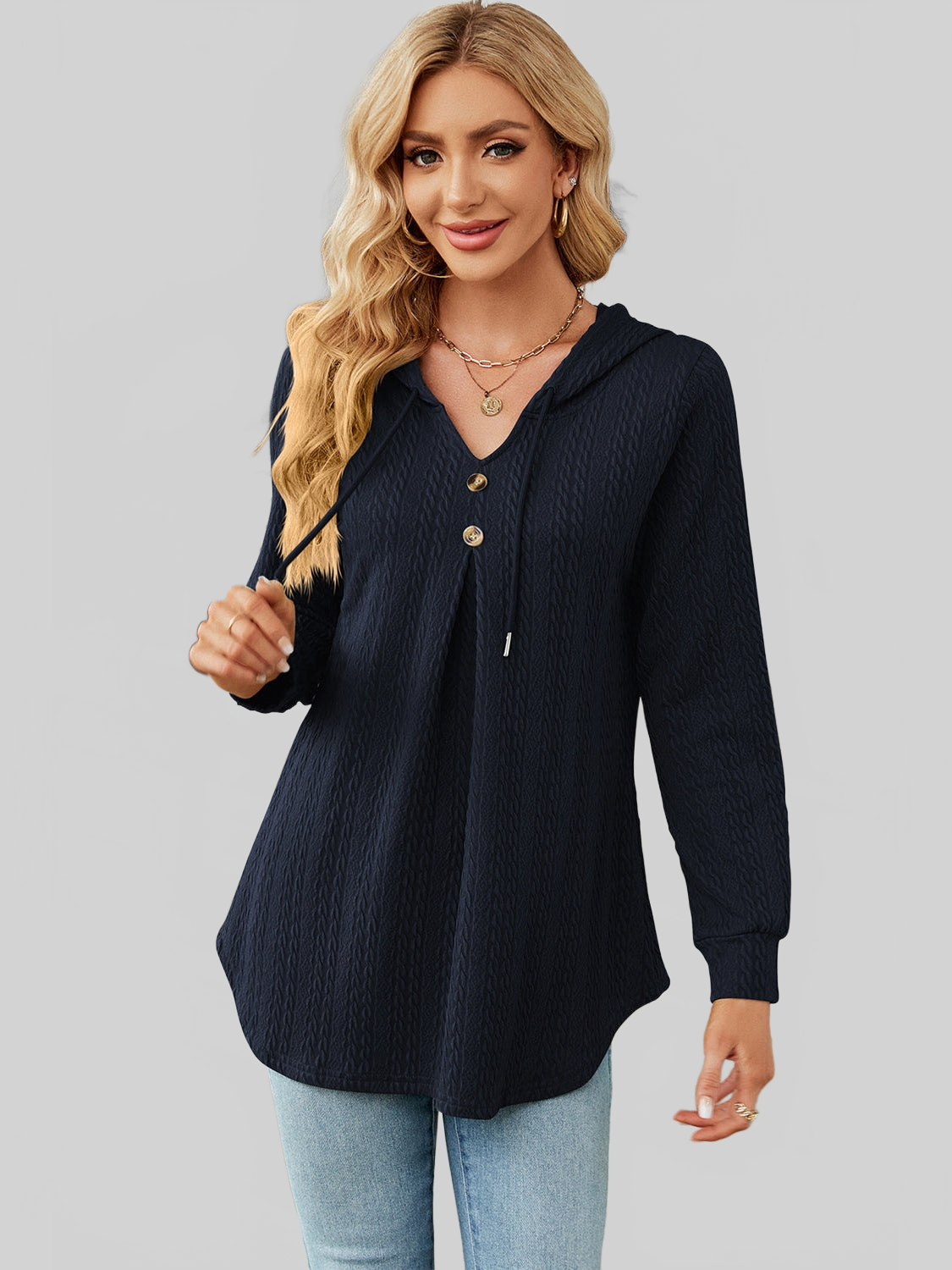 Women Decorative Button Drawstring Long Sleeve Hoodie nicholesgifts