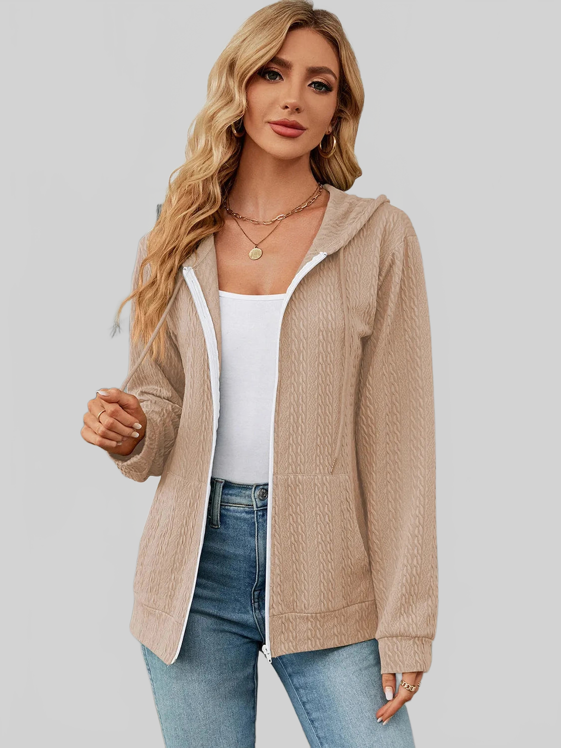 Drawstring Zip Up Long Sleeve Hoodie NicholesGifts