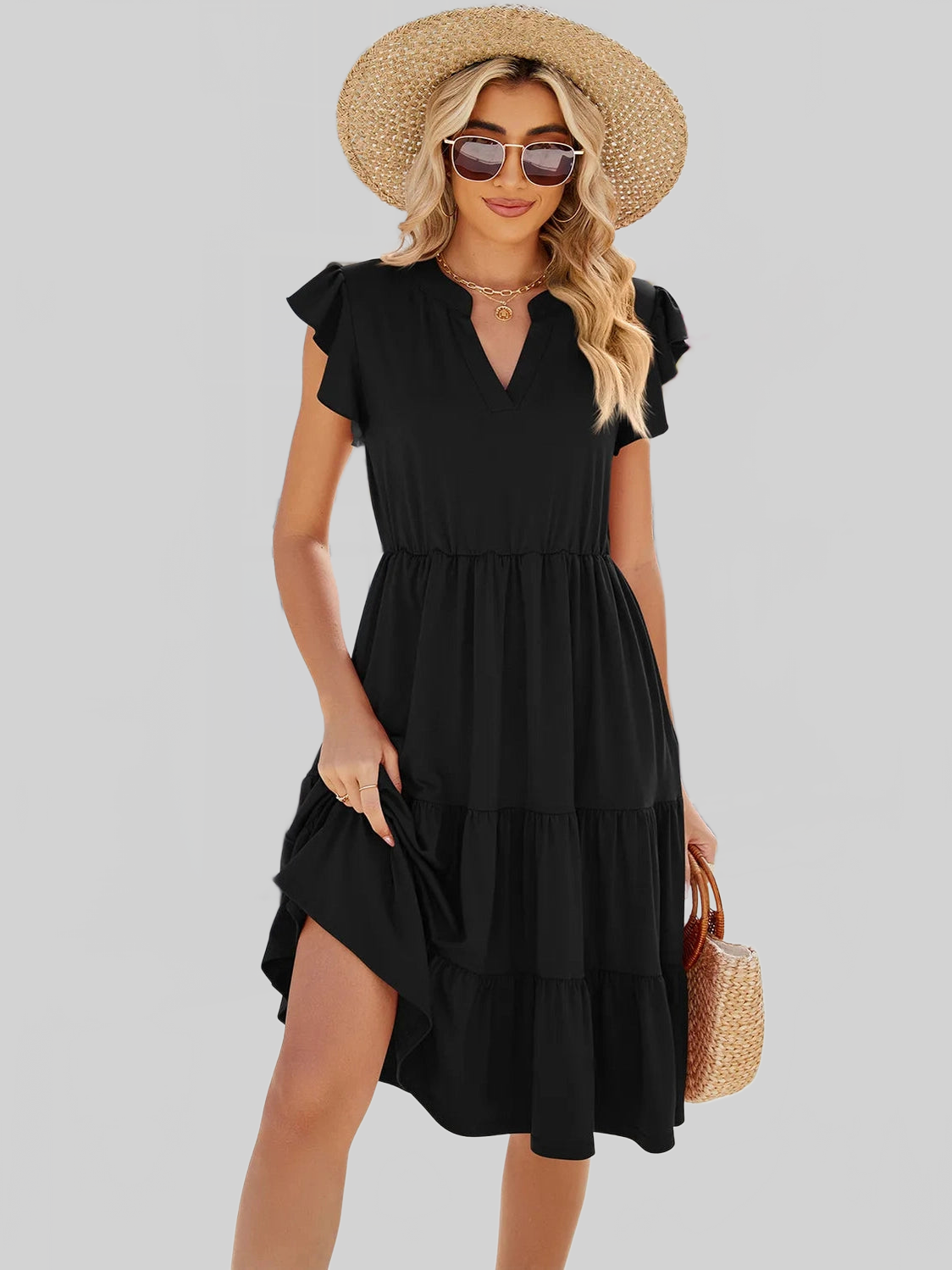 Ruched Notched Cap Sleeve Dress nicholesgifts