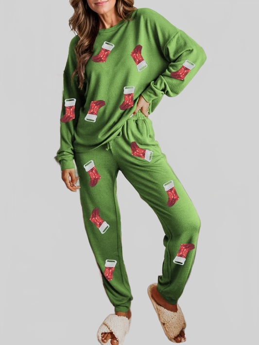 Sequin Socks Round Neck Long Sleeve Top and Pants Lounge Set nicholesgifts
