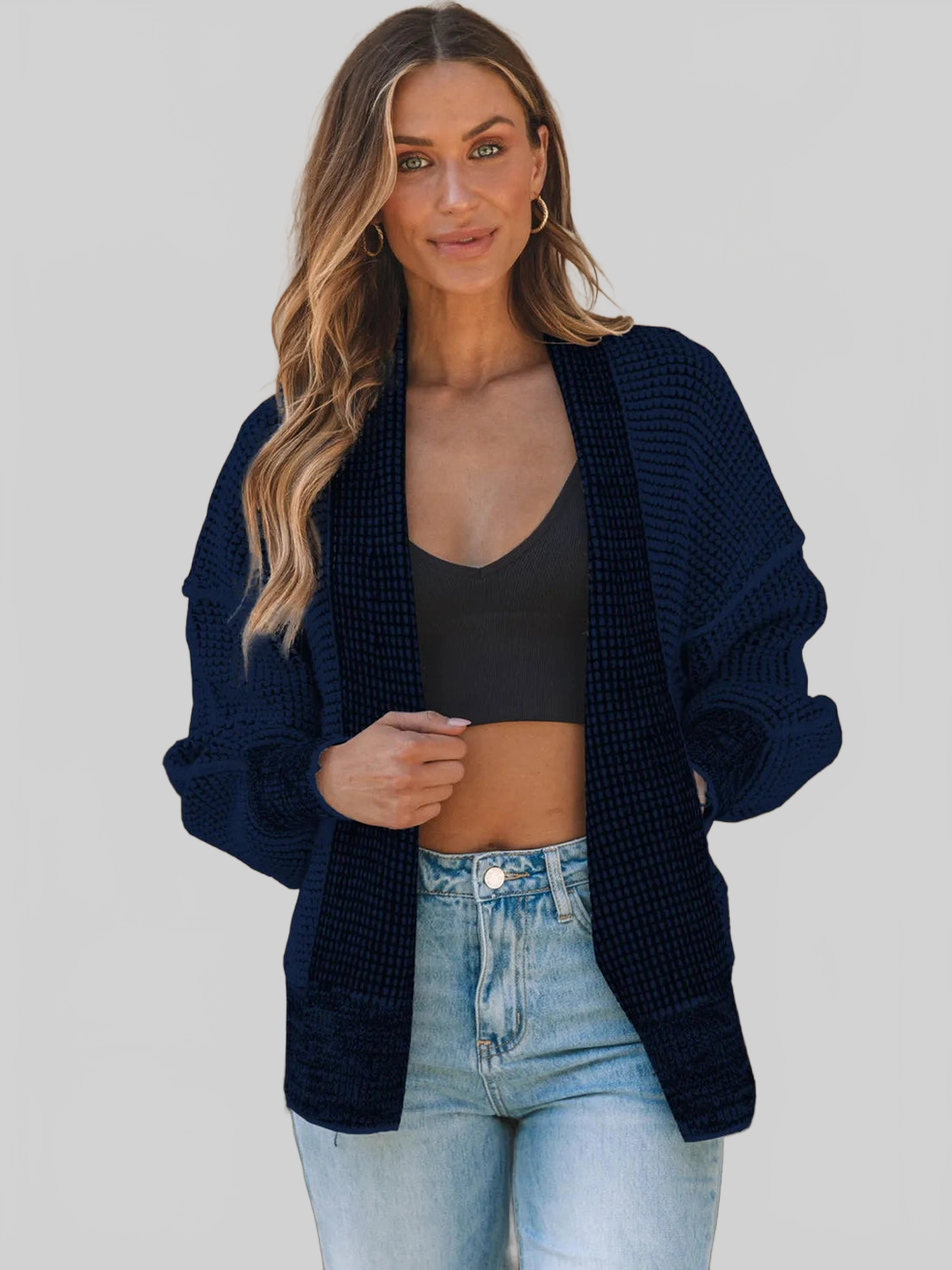 Women Waffle-knit Pocketed Open Front Cardigan nicholesgifts