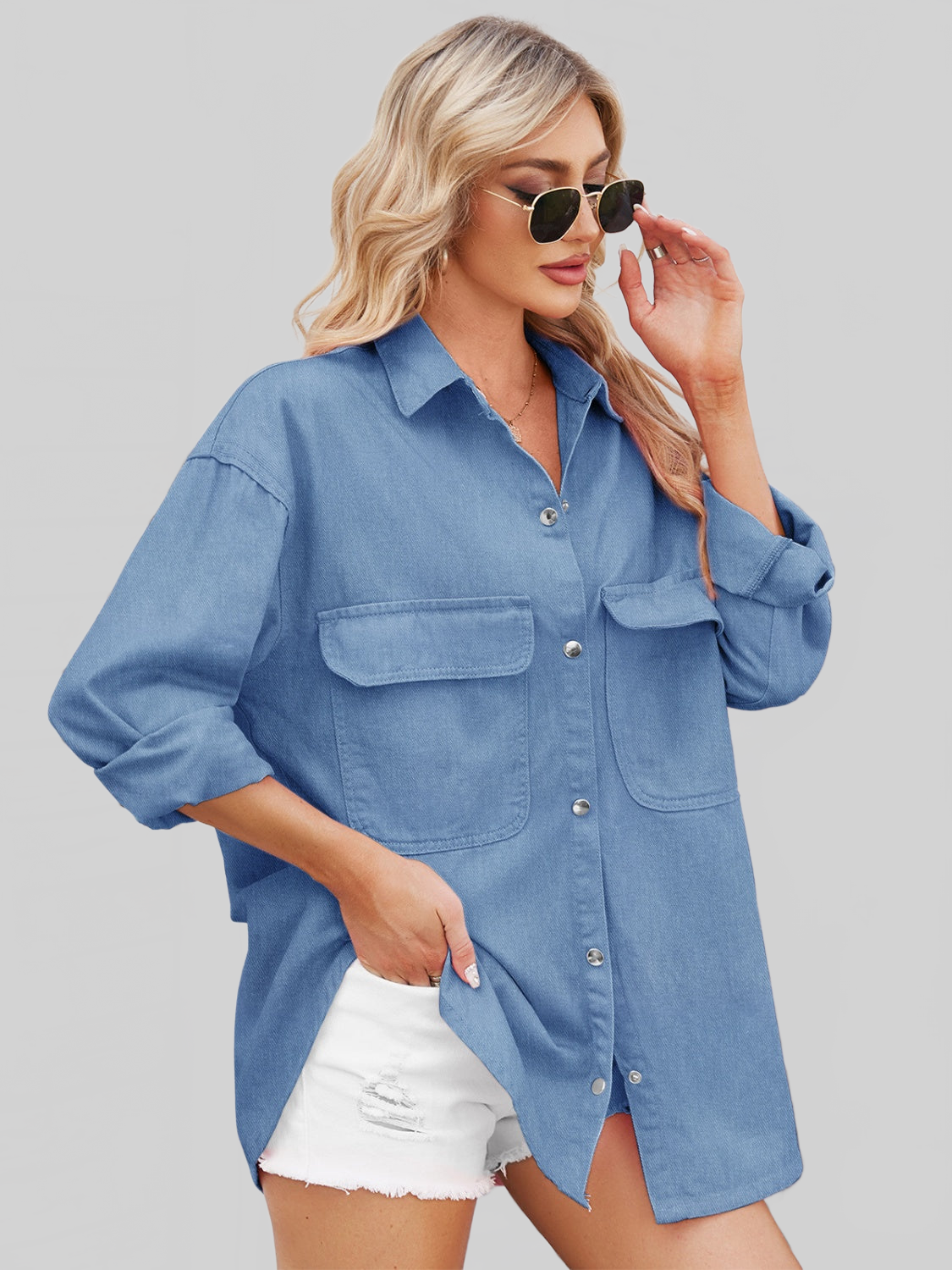 Women Pocketed Snap Down Dropped Shoulder Denim Shacket NicholesGifts