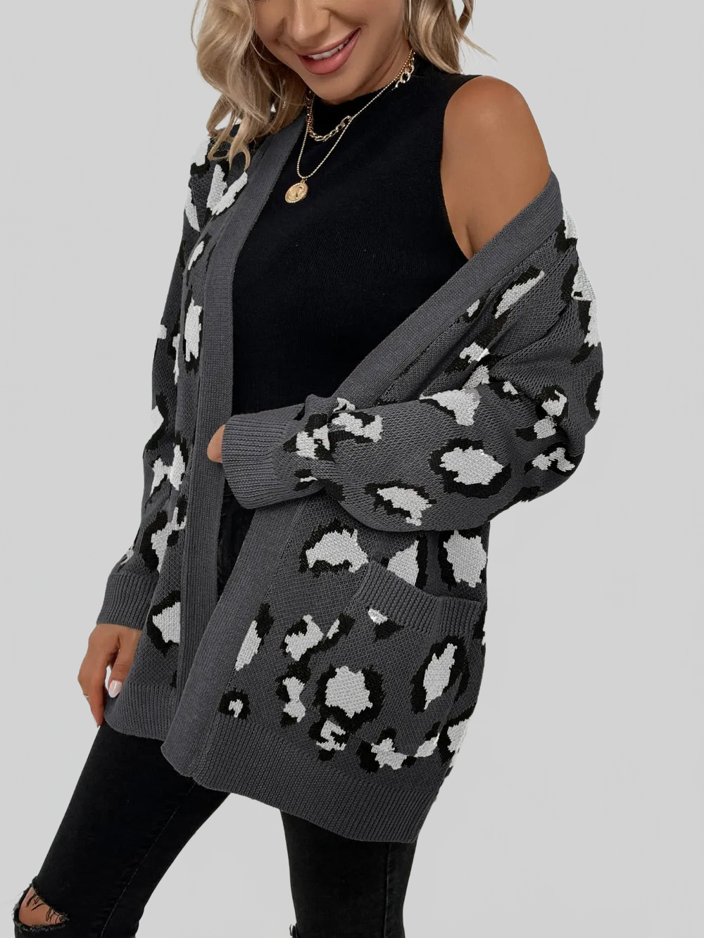 Women Leopard Open Front Dropped Shoulder Cardigan nicholesgifts
