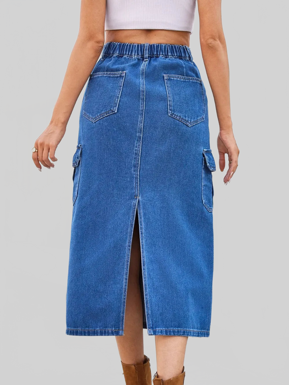 Slit Midi Denim Skirt with Pockets nicholesgifts